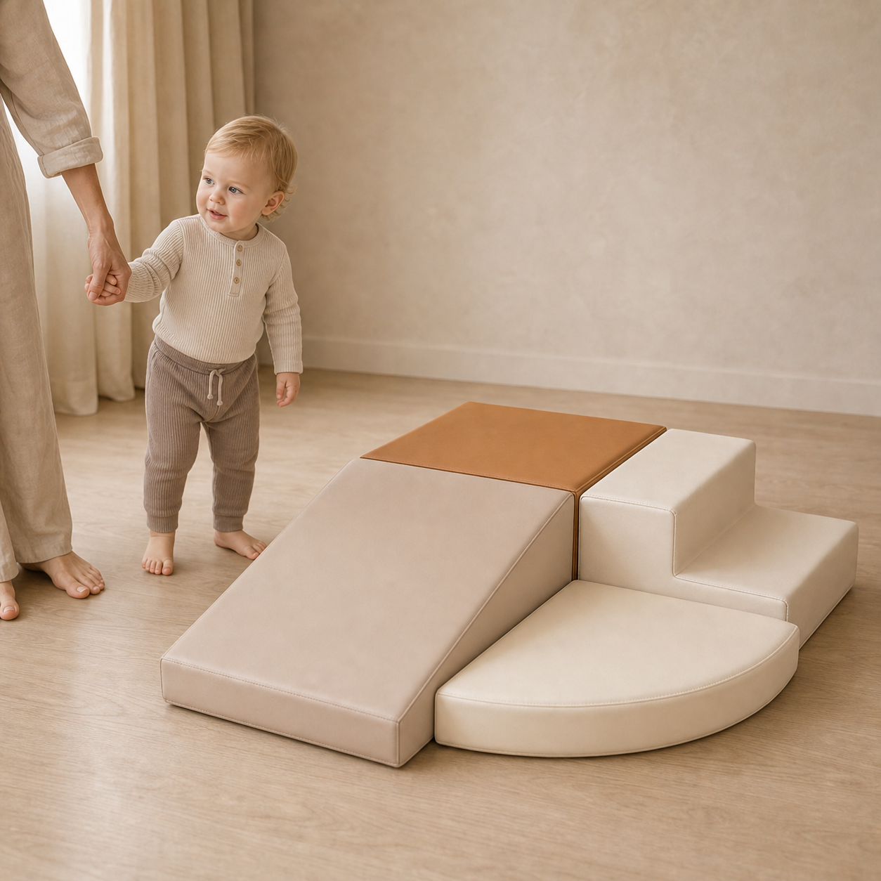 Todiby Oat Crescent Climber with a baby in a warm studio