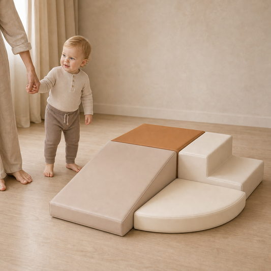 Todiby Oat Crescent Climber with a baby in a warm studio