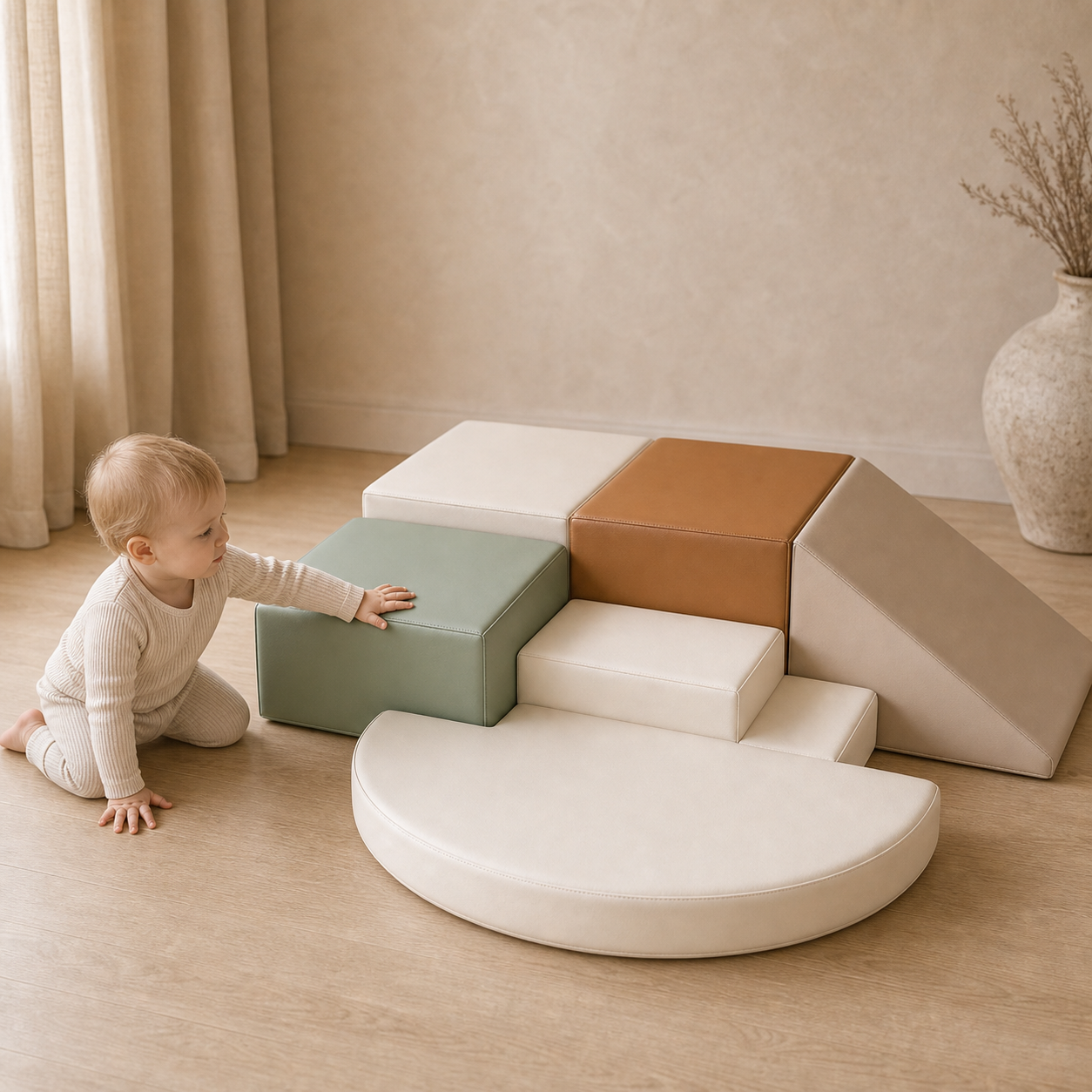 Todiby Sage Caramel Step Set with a baby in a warm studio
