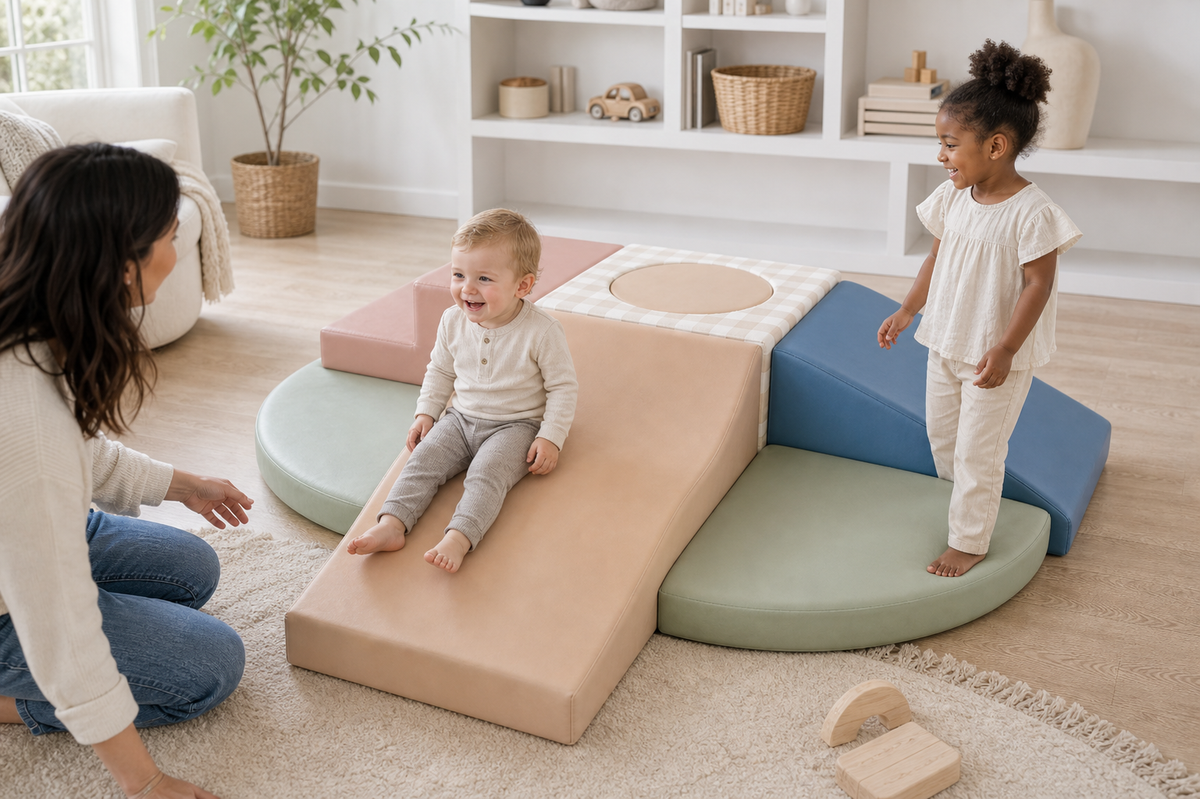 Todiby Gingham Pastel Play Set lifestyle image with children interacting in a modern American home