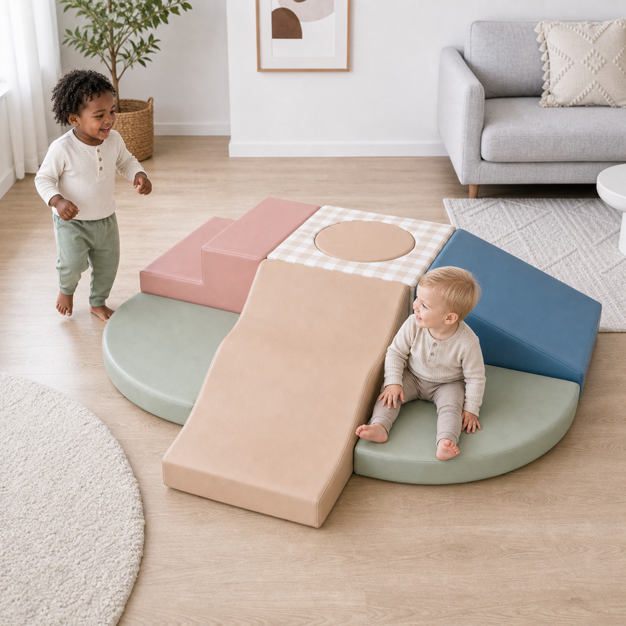 Todiby Dusty Blue Step Climber lifestyle image with children interacting in a modern American home