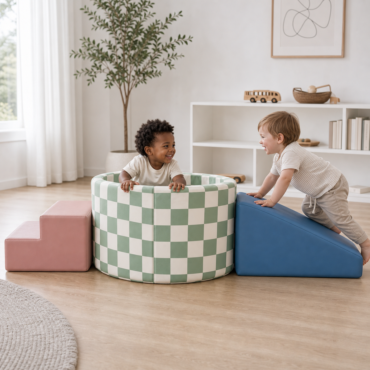 Todiby Checker Tunnel Mini Set lifestyle image with children interacting in a modern American home