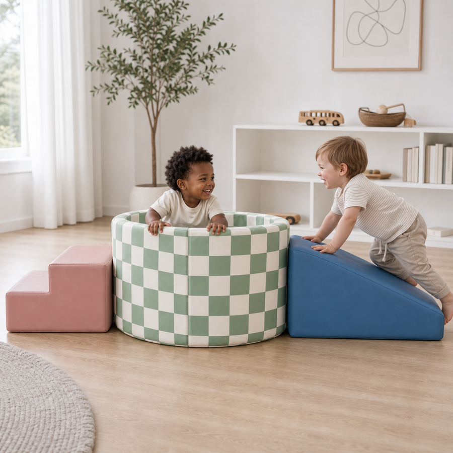 Todiby Checker Tunnel Mini Set lifestyle image with children interacting in a modern American home